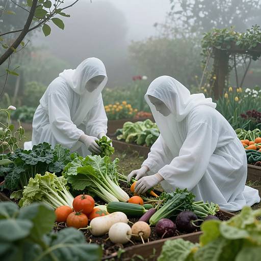 Photograph of two women in white hazmat suits picking fresh vegetables in a foggy, lush garden, with a variety of colorful produce spread out before