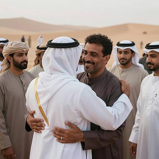 Middle Eastern Men Embracing in Desert
