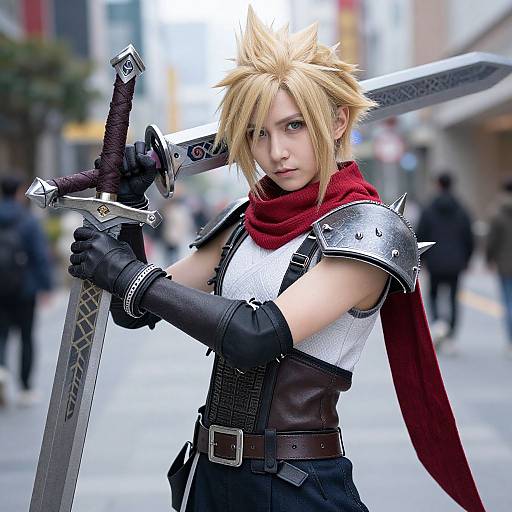 Photorealistic CGI of a blonde, spiky-haired warrior with a red scarf, black gloves, and silver armor, holding a large sword in a