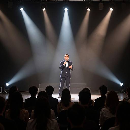 Photograph of a man in a dark suit standing on a stage under bright, converging spotlights, speaking to an audience with silhouetted