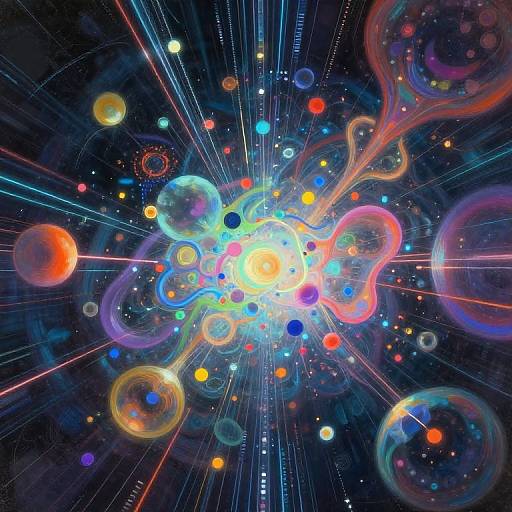 Vibrant, abstract digital artwork of a cosmic explosion, featuring colorful glowing orbs, swirling lines, and radiant beams against a dark, starry background