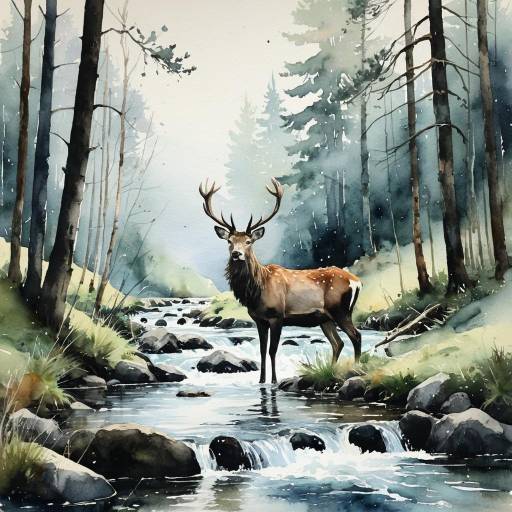 Serene Stag in a Watercolor Landscape Serene Stag in a Watercolor Landscape