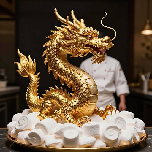 Photograph of a detailed, golden dragon sculpture with scales and horns, surrounded by glowing white rolled towels, with a blurred chef in a white uniform in