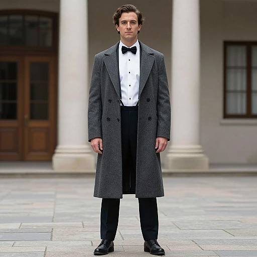 Photograph of a tall, handsome man with dark hair, wearing a black overcoat, white shirt, black bow tie, and black trousers, standing