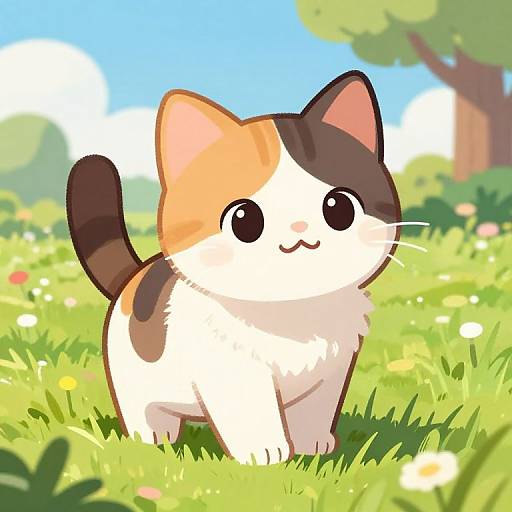 Cute digital illustration of a chubby, white, orange, and black calico cat with big, round eyes, standing in a bright, sunny me
