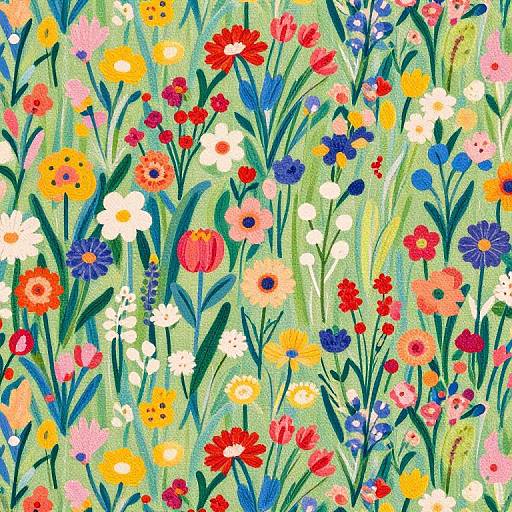 Vibrant, colorful floral pattern with various flowers in red, yellow, blue, white, and pink on a green background, creating a lively,
