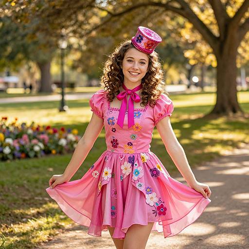 Photograph of a smiling curly-haired woman in a pink, floral-patterned dress and matching hat, standing in a sunlit park, holding her skirt