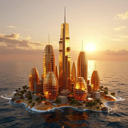 Digital art of a futuristic island city at sunset, featuring multiple glass-domed skyscrapers, palm trees, and calm ocean waves.