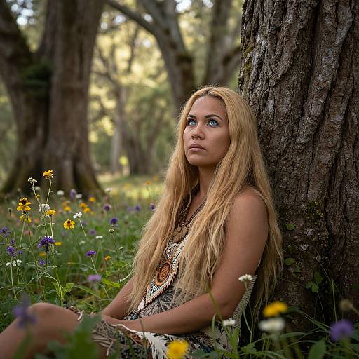 Photograph of a blonde woman with long hair, sitting against a tree in a sunlit forest, surrounded by wildflowers, wearing a patterned dress