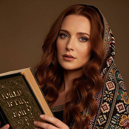 Photograph of a fair-skinned woman with long, wavy auburn hair, wearing a patterned headscarf, holding a Bible,