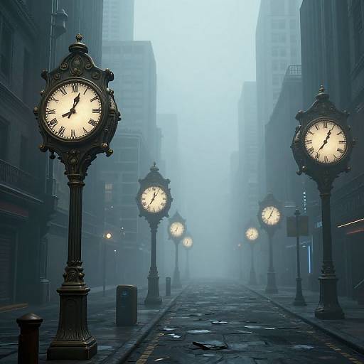 Foggy urban street at dawn with five illuminated vintage clock towers lining the wet cobblestone path, surrounded by tall buildings.