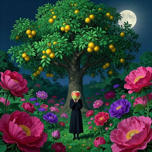 Digital artwork: Nighttime garden with full moon, lush green tree filled with yellow oranges, vibrant pink and purple flowers, and a person in a black
