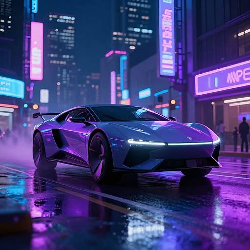 Neon-lit city night scene: sleek, futuristic silver sports car with glowing headlights driving on wet street, surrounded by vibrant purple and blue neon signs