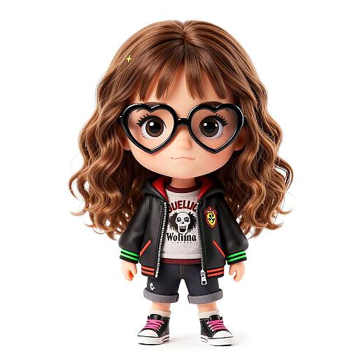 Chibi-style digital doll with long brown wavy hair, heart-shaped glasses, black hoodie, white shirt, black shorts, and pink sneakers.