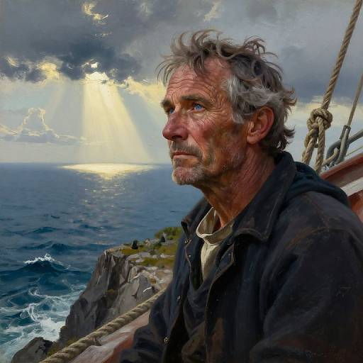 Photorealistic digital painting of a weathered, grey-haired man with a beard, gazing at a stormy ocean sunset from a ship's deck