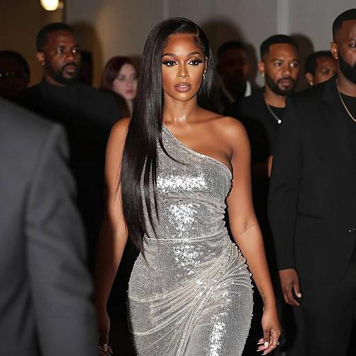 Confident Woman in Silver Sequined Dress