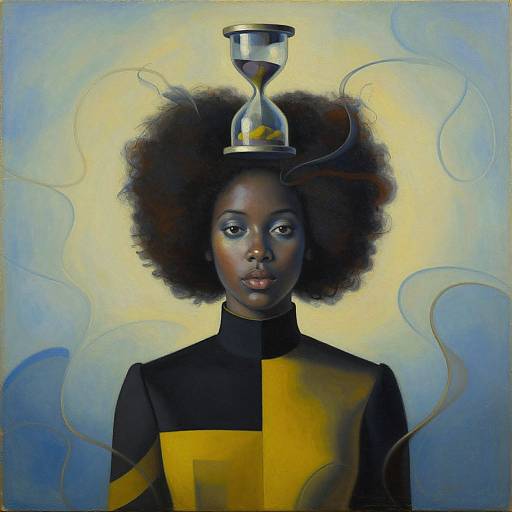 Digital painting of a Black woman with an afro, wearing a black and yellow high-neck dress, with a hourglass on her head, set against