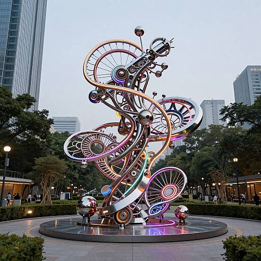 Photograph of a vibrant, towering metal sculpture made from interwoven, colorful bicycle parts, set in a city square with tall buildings, trees,