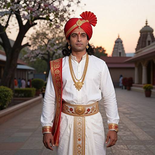 Photograph of a South Asian man in traditional white kurta, red turban, gold jewelry, and ornate red and gold dhoti,
