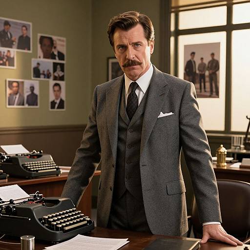 Photograph of a middle-aged man with dark brown hair and mustache, wearing a gray three-piece suit, standing in an office with old-fashioned typ
