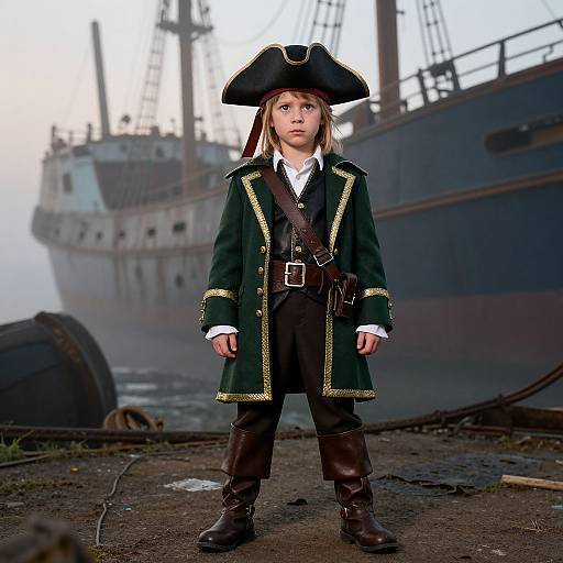 Photograph of a young boy in a pirate costume, standing on a dock with a large, weathered ship in the foggy background. He has