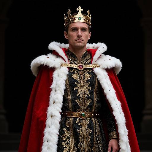 Photograph of a serious, young Caucasian man with fair skin, wearing an ornate gold crown, red velvet robe with white fur trim, and black