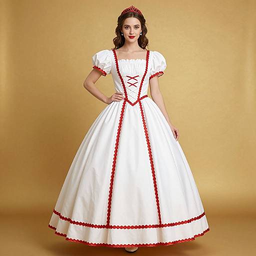 Photograph of a fair-skinned woman with dark hair, wearing a white, puffed-sleeve, full-skirted dress with red trim