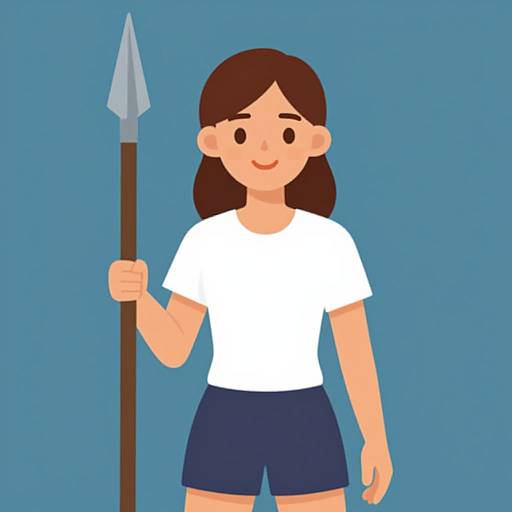 Digital drawing of a smiling girl with brown hair, wearing a white shirt and blue shorts, holding a spear against a blue background.