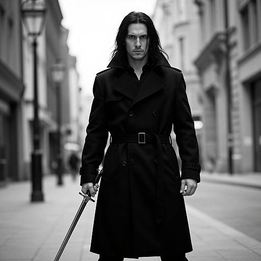 Black-and-white photograph of a serious, long-haired man in a dark trench coat, holding a sword, standing in a narrow, blurred urban alleyway