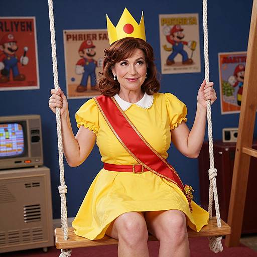 Photograph of a middle-aged woman with brown hair, wearing a yellow dress, red sash, and yellow crown, sitting on a swing in a