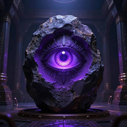 Digital artwork of a glowing purple-eyed, ornate rock with intricate patterns, set in a dimly lit, futuristic temple-like room.