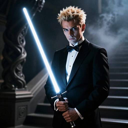 Intense Tuxedo Man with Lightsaber