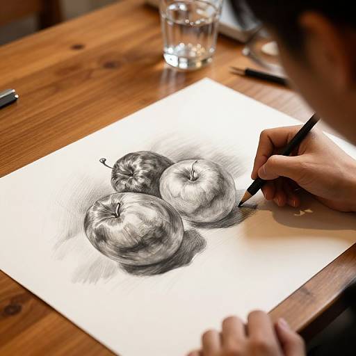 Photograph of a hand drawing realistic apples with a pencil on white paper, on a wooden table with a glass nearby.
