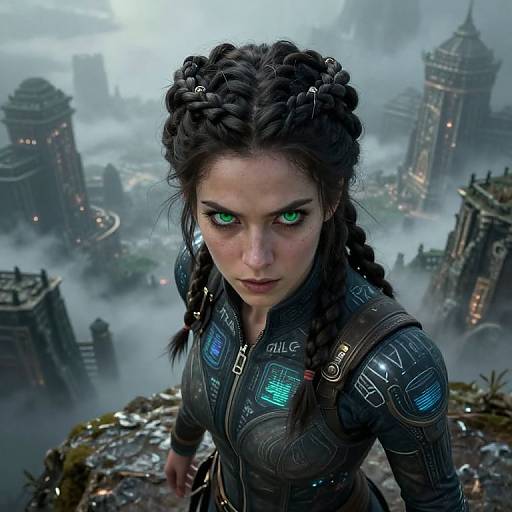 CGI image of a fierce, green-eyed woman with braided hair, wearing a futuristic black jumpsuit, standing on a misty, ruined city