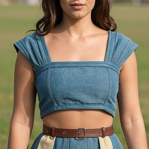 Photograph of a young woman with medium brown skin and wavy dark hair, wearing a blue textured crop top and high-waisted skirt with brown