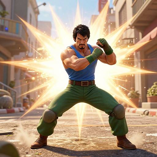 Digital artwork of a muscular, black-haired man in a blue tank top and green pants, punching with a fiery explosion behind him in a sunlit,