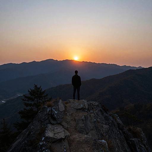 Photograph of a silhouetted person standing on a rocky mountain peak, watching a vibrant orange sunset over layered, darkening mountains.