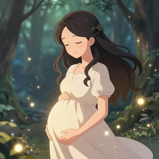 Anime-style digital drawing of a pregnant woman with long black hair, closed eyes, and a white dress, standing in a magical forest with glowing fireflies