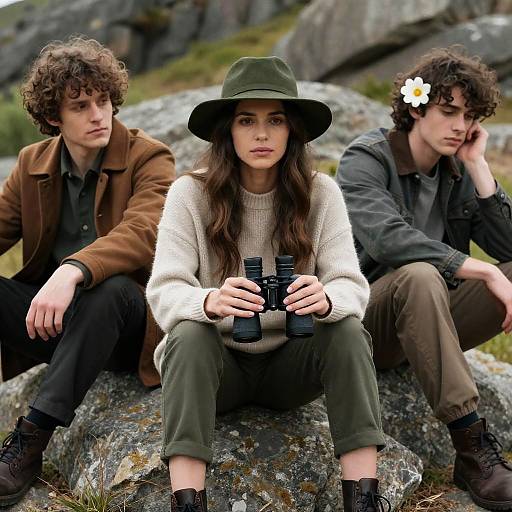 Three Figures in Rocky Landscape Scene