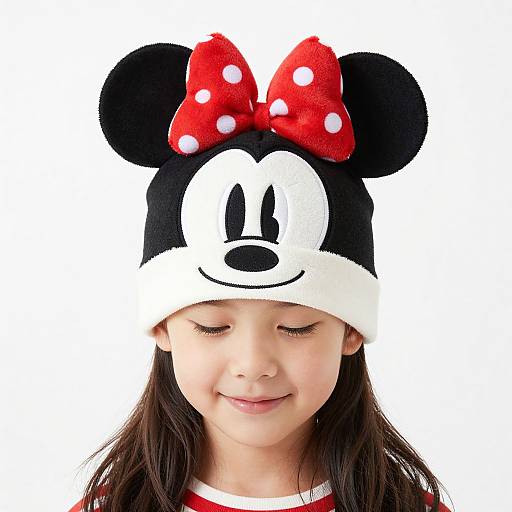 Photograph of a young girl with closed eyes, wearing a black and white Mickey Mouse hat with a red polka-dot bow, smiling subtly against a