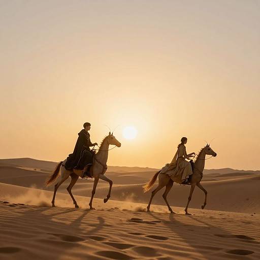 Silhouetted riders on galloping horses against a golden desert sunset, kicking up sand, with rolling dunes in the background.