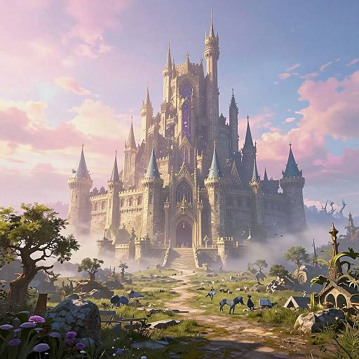 Digital fantasy artwork of a grand, sunlit, gothic-style castle with towering spires, surrounded by a misty, grassy landscape with small