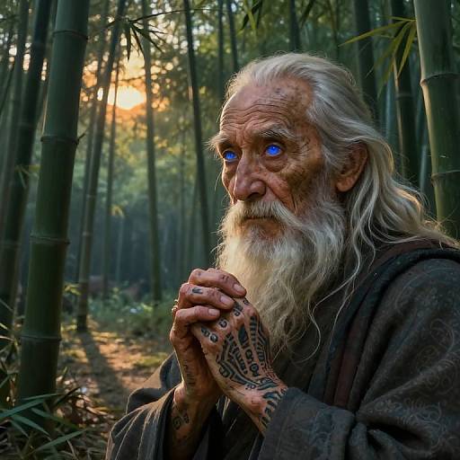 Photograph of an elderly, white-haired man with blue eyes, tattooed hands, and a long beard, standing in a sunlit bamboo forest,