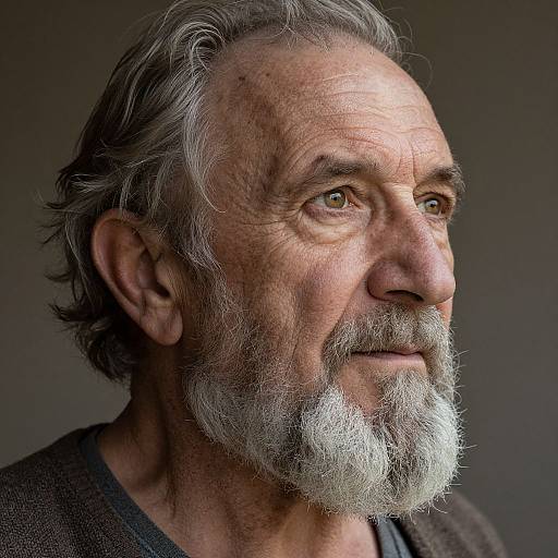 Photograph of an older man with gray hair and beard, looking to the right. His wrinkled face and brown shirt contrast with the dark, neutral
