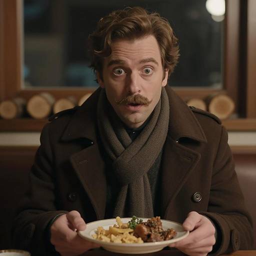 Surprised Man Enjoying Indoor Meal