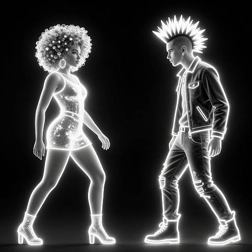 Digital artwork of two neon-lit, white-outlined figures: a curly-haired woman in a sparkly dress and high heels, facing a spiked-haired