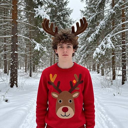 Photograph of a young man with curly brown hair, wearing a red reindeer sweater with antlers, standing in a snowy forest.