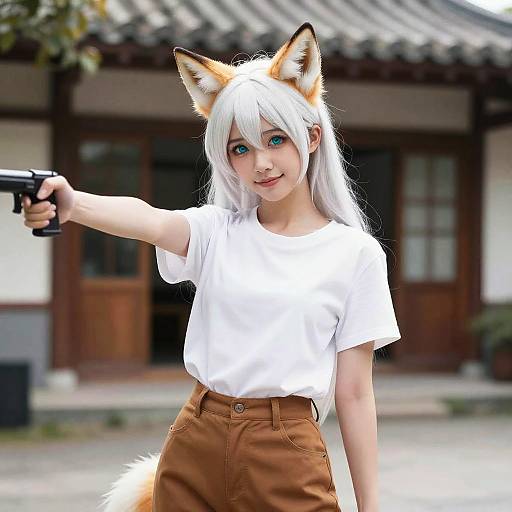Photograph of a young woman with fox ears, long white hair, blue eyes, wearing a white t-shirt and brown pants, holding a gun,