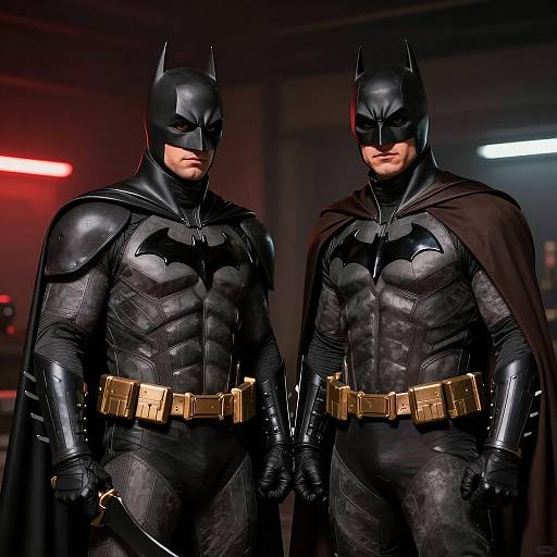 Two Men in Batman Costumes Standing Side by Side