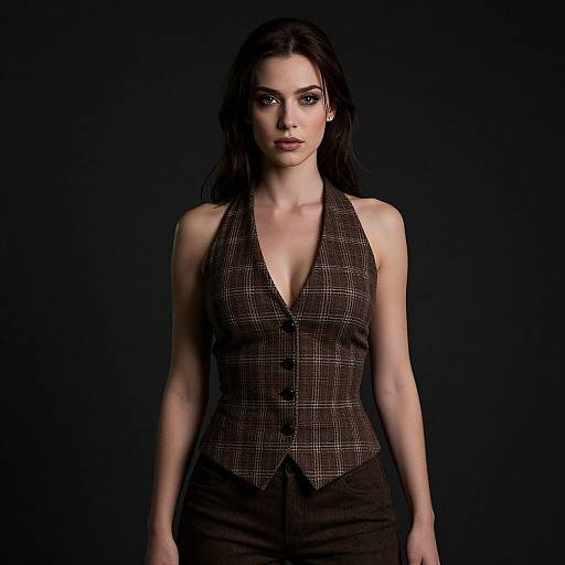 Photograph of a serious-looking woman with long dark hair, wearing a sleeveless brown plaid vest and matching pants, against a black background.